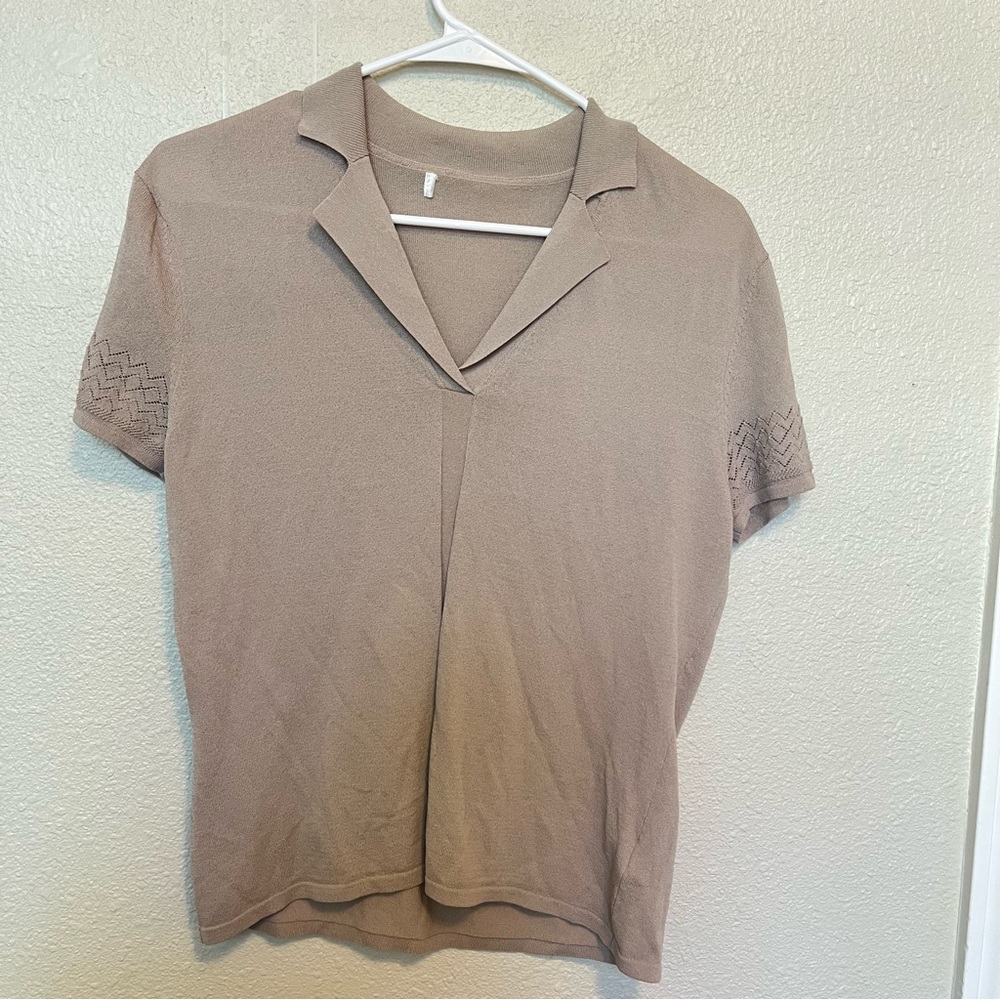 Vintage collared shirt size Small Medium short sleeve sheer top tan beige cream